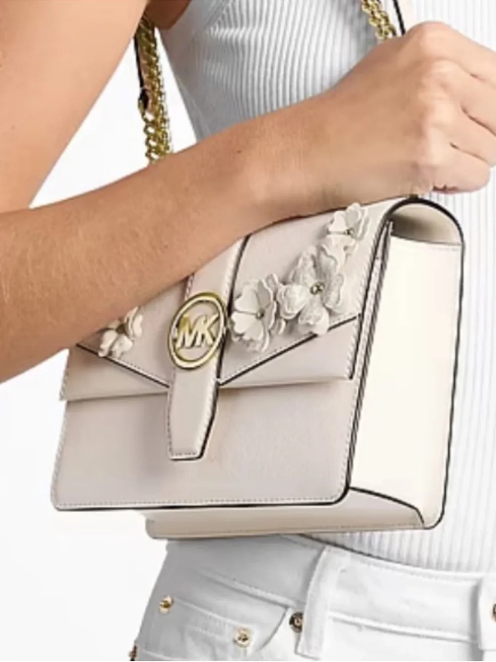 Michael Kors Cream Floral Appliqué Crossbody with Gold Chain